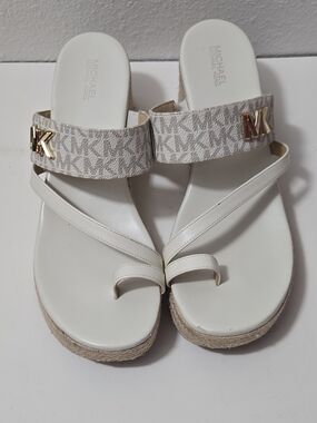 Michael Kors Off-White MK Logo Espadrille Wedge Sandals